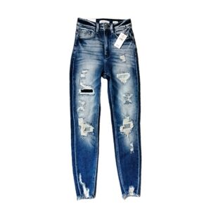 Kancan Skye High Ankle Skinny Jeans Ripped Frayed Stretch Dark Size 23/0 NWT
